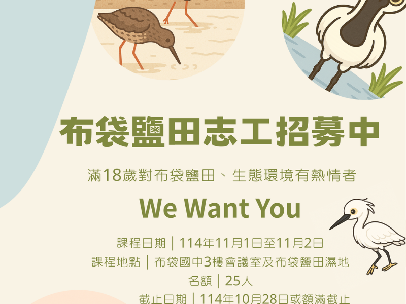 11/1~11/2【布袋鹽田】志工招募 (兩日培訓)